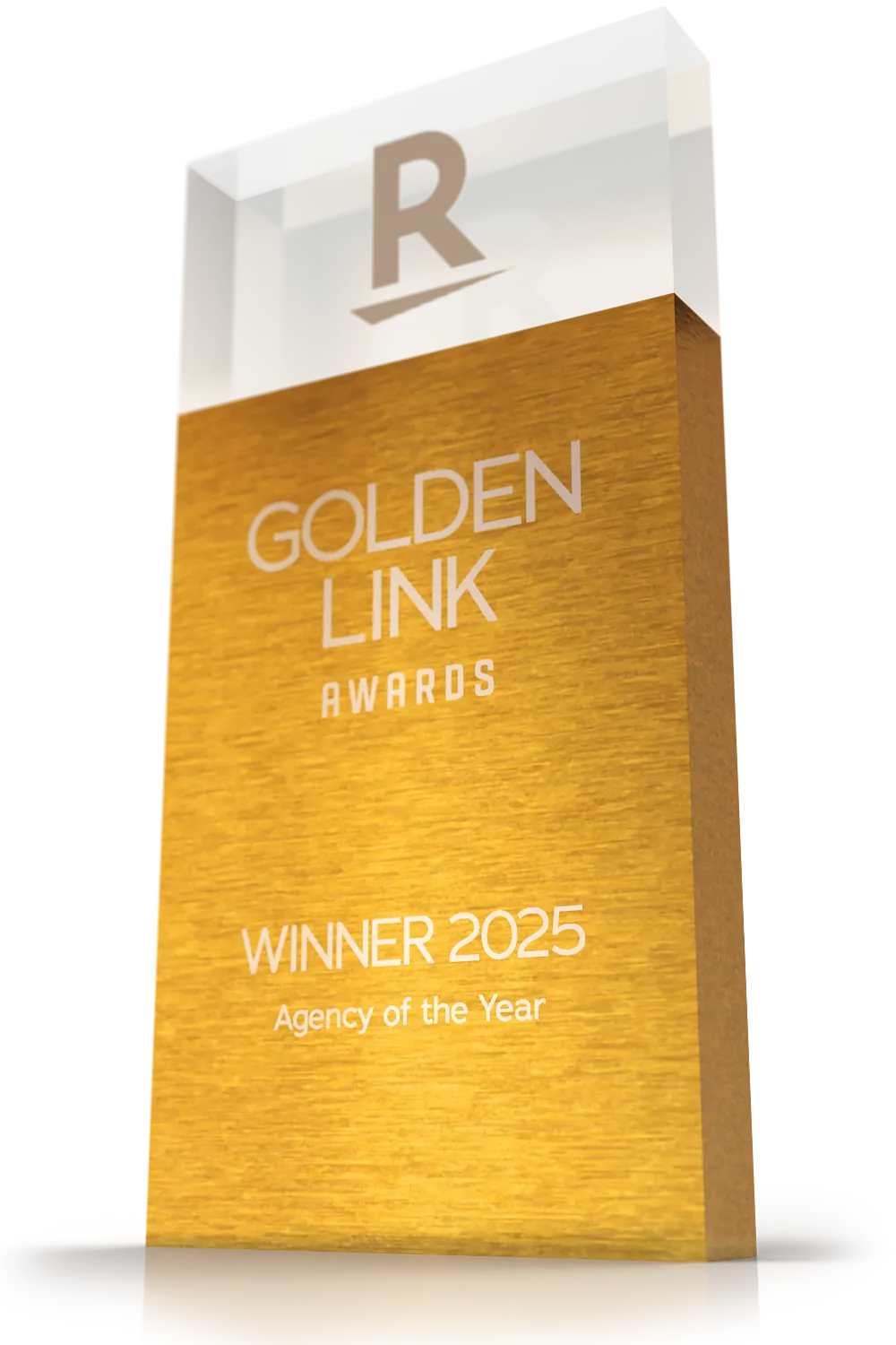 Golden Link Award Trophy Render - 2025 Winner Agency of the Year - JEBCommerce
